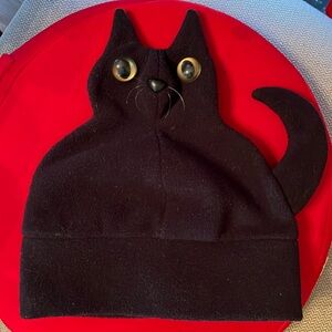 TOMMY ART Black Cat with tail and large golden eyes fleece beanie VGUC